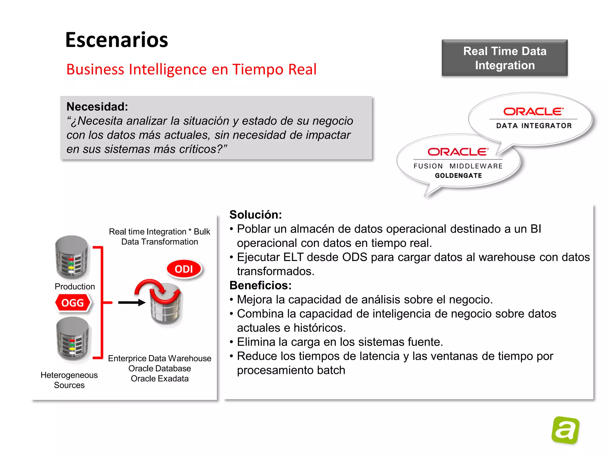 Escenarios                                                                          Real Time Data
     Business Intelligence en Tiempo Real                                                  Integration


     Necesidad:
     “¿Necesita analizar la situación y estado de su negocio
     con los datos más actuales, sin necesidad de impactar
     en sus sistemas más críticos?”




                                               Solución:
                Real time Integration * Bulk   • Poblar un almacén de datos operacional destinado a un BI
                  Data Transformation            operacional con datos en tiempo real.
                                               • Ejecutar ELT desde ODS para cargar datos al warehouse con datos
                                  ODI            transformados.
   Production                                  Beneficios:
    OGG                                        • Mejora la capacidad de análisis sobre el negocio.
                                               • Combina la capacidad de inteligencia de negocio sobre datos
                                                 actuales e históricos.
                                               • Elimina la carga en los sistemas fuente.
                Enterprice Data Warehouse      • Reduce los tiempos de latencia y las ventanas de tiempo por
                     Oracle Database             procesamiento batch
Heterogeneous         Oracle Exadata
   Sources
 