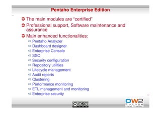 Pentaho Enterprise Edition

The main modules are “certified”
Professional support, Software maintenance and
assurance
Main enhanced functionalities:
  Pentaho Analyzer
  Dashboard designer
  Enterprise Console
  SSO
  Security configuration
  Repository utilities
  Lifecycle management
  Audit reports
  Clustering
  Performance monitoring
  ETL management and monitoring
  Enterprise security
 