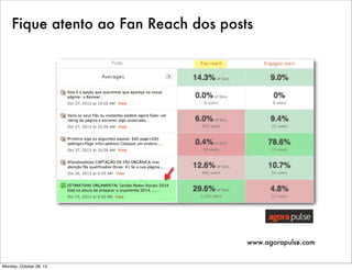 Fique atento ao Fan Reach dos posts

www.agorapulse.com

Monday, October 28, 13

 