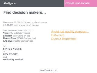 LeadGenius.com 
PREPARE: MIND THE WEB 
Avoid low quality sources… 
Data.com 
Dunn & Bradstreet 
Find decision makers… 
There are 21,708,021 American businesses 
6,049,655 businesses w/ >1 person 
Your customers are listed in… 
Yelp (47M establishments) 
LinkedIn (2M Companies) 
CrunchBase (650K Companies) 
AngelList (289K Companies) 
GO 
STATE BY STATE 
or 
CITY BY CITY 
and 
vertical by vertical 
 