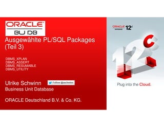 Ausgewählte PL/SQL Packages 
(Teil 3) 
DBMS_XPLAN 
DBMS_ASSERT 
DBMS_RESUMABLE 
DBMS_UTILITY 
Ulrike Schwinn 
Business Unit Database 
ORACLE Deutschland B.V. & Co. KG. 
 