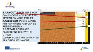 3. LAYOUT. FROM HERE YOU
CAN CHOOSE HOW POSTS WILL
APPEAR ON YOUR PADLET.
A.FREEFORM: POSTS CAN BE
PUT ANYWHERE AND CAN BE
RESIZED FREELY
B.STREAM: POSTS ARE
PLACED ONE BELOW THE
OTHER
C.GRID: POSTS ARE DISPLAYED
IN A GRID-LIKE LAYOUT.
 