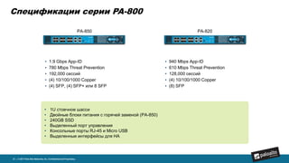 PA-820
• 940 Mbps App-ID
• 610 Mbps Threat Prevention
• 128,000 сессий
• (4) 10/100/1000 Copper
• (8) SFP
PA-850
• 1.9 Gbps App-ID
• 780 Mbps Threat Prevention
• 192,000 сессий
• (4) 10/100/1000 Copper
• (4) SFP, (4) SFP+ или 8 SFP
Спецификации серии PA-800
21 | © 2017 Palo Alto Networks, Inc. Confidential and Proprietary.
• 1U стоечное шасси
• Двойные блоки питания с горячей заменой (PA-850)
• 240GB SSD
• Выделенный порт управления
• Консольные порты RJ-45 и Micro USB
• Выделенные интерфейсы для HA
 