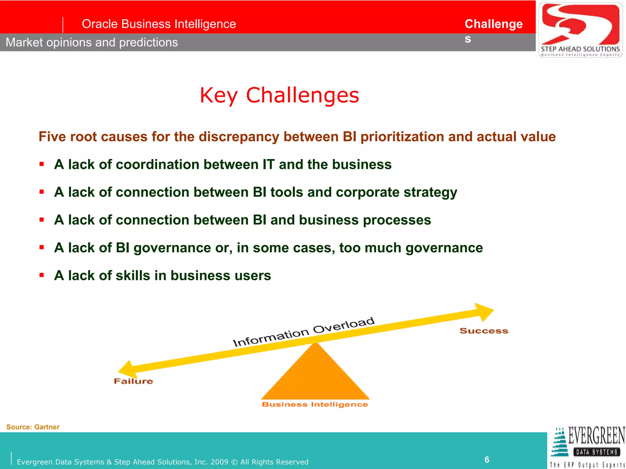 Key Challenges   Five root causes for the discrepancy between BI prioritization and actual value   A lack of coordination between IT and the business   A lack of connection between BI tools and corporate strategy   A lack of connection between BI and business processes A lack of BI governance or, in some cases, too much governance A lack of skills in business users   Market opinions and predictions Source: Gartner 