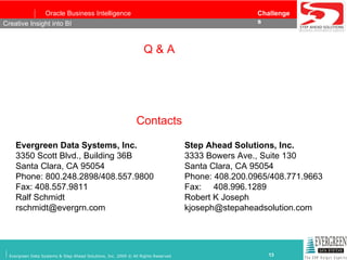 Q & A Creative Insight into BI Evergreen Data Systems, Inc. 3350 Scott Blvd., Building 36B  Santa Clara, CA 95054 Phone: 800.248.2898/408.557.9800 Fax: 408.557.9811 Ralf Schmidt rschmidt@evergrn.com Step Ahead Solutions, Inc. 3333 Bowers Ave., Suite 130 Santa Clara, CA 95054 Phone: 408.200.0965/408.771.9663 Fax:  408.996.1289 Robert K Joseph [email_address] Contacts 
