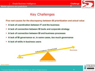 Key Challenges   Five root causes for the discrepancy between BI prioritization and actual value   A lack of coordination between IT and the business   A lack of connection between BI tools and corporate strategy   A lack of connection between BI and business processes A lack of BI governance or, in some cases, too much governance A lack of skills in business users   Market opinions and predictions Source: Gartner 