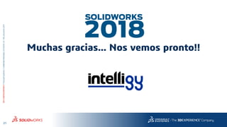 21
3DS.COM/SOLIDWORKS©DassaultSystèmes|ConfidentialInformation|6/13/2018|ref.:3DS_Document_2015
Muchas gracias… Nos vemos pronto!!
SOLIDWORKS
2018
 