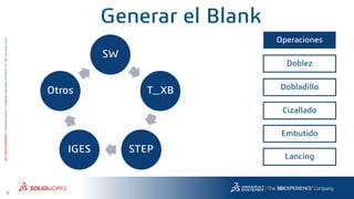 5
3DS.COM/SOLIDWORKS©DassaultSystèmes|ConfidentialInformation|6/13/2018|ref.:3DS_Document_2015
SW
T_XB
STEPIGES
Otros
Operaciones
Doblez
Dobladillo
Cizallado
Embutido
Lancing
Generar el Blank
 