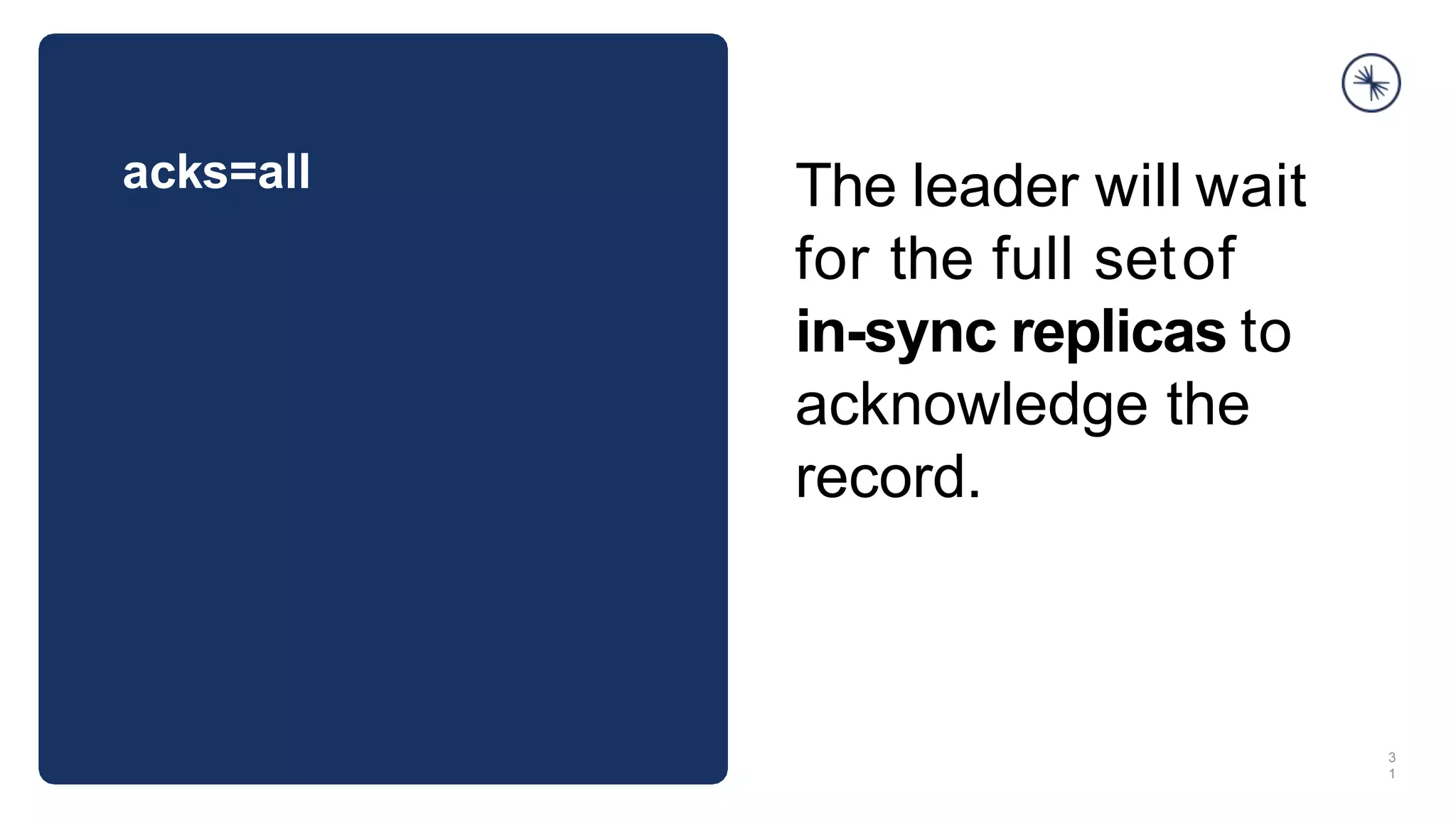 acks=all
3
1
The leader will wait
for the full setof
in-sync replicas to
acknowledge the
record.
 