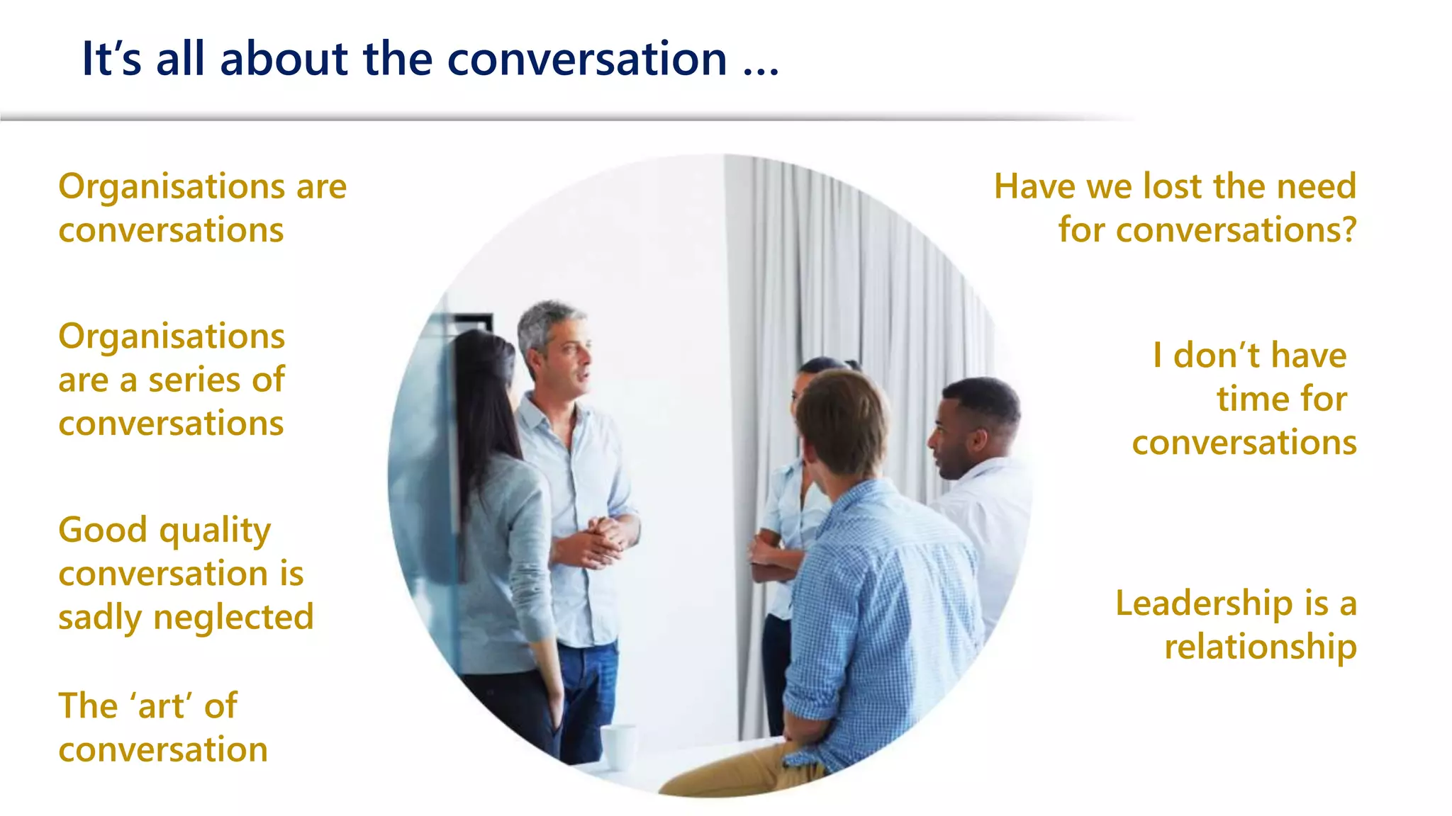 It’s all about the conversation …
Organisations are
conversations
Organisations
are a series of
conversations
Good quality
conversation is
sadly neglected
The ‘art’ of
conversation
Have we lost the need
for conversations?
I don’t have
time for
conversations
Leadership is a
relationship
 