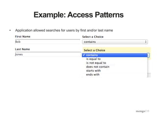 Example: Access Patterns
• Application allowed searches for users by first and/or last name
 
