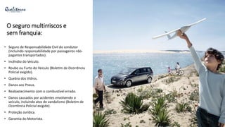 O seguro multirriscos e
sem franquia:
• Seguro de Responsabilidade Civil do condutor
(incluindo responsabilidade por passageiros não-
pagantes transportados).
• Incêndio do Veículo.
• Roubo ou Furto do Veículo (Boletim de Ocorrência
Policial exigido).
• Quebra dos Vidros.
• Danos aos Pneus.
• Reabastecimento com o combustível errado.
• Danos causados por acidentes envolvendo o
veículo, incluindo atos de vandalismo (Boletim de
Ocorrência Policial exigido).
• Proteção Jurídica.
• Garantia do Motorista.
 