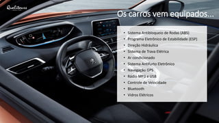 Os carros vem equipados...
• Sistema Antibloqueio de Rodas (ABS)
• Programa Eletrônico de Estabilidade (ESP)
• Direção Hidráulica
• Sistema de Trava Elétrica
• Ar condicionado
• Sistema Antifurto Eletrônico
• Navegação GPS
• Rádio MP3 e USB
• Controle de Velocidade
• Bluetooth
• Vidros Elétricos
 