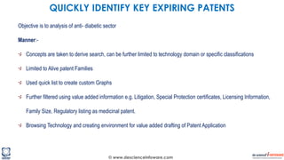 © www.descienceinfoware.com
Objective is to analysis of anti- diabetic sector
Manner:-
Concepts are taken to derive search, can be further limited to technology domain or specific classifications
Limited to Alive patent Families
Used quick list to create custom Graphs
Further filtered using value added information e.g. Litigation, Special Protection certificates, Licensing Information,
Family Size, Regulatory listing as medicinal patent.
Browsing Technology and creating environment for value added drafting of Patent Application
QUICKLY IDENTIFY KEY EXPIRING PATENTS
 