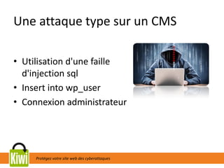Protégez votre site web des cyberattaques
Une attaque type sur un CMS
• Utilisation d'une faille
d'injection sql
• Insert into wp_user
• Connexion administrateur
 