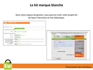 Le kit marque blanche
Dans votre espace de gestion, vous pourrez créer votre propre kit
de façon interactive et très didactique.
Présentation des interfaces
 