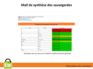 Mail de synthèse des sauvegardes
Activation par nos soins sur l’interface d’administration générale.
Présentation des interfaces
 