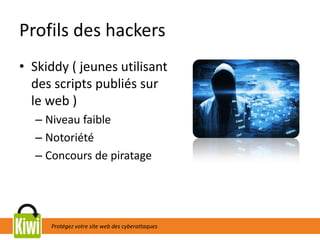 Protégez votre site web des cyberattaques
Profils des hackers
• Skiddy ( jeunes utilisant
des scripts publiés sur
le web )
– Niveau faible
– Notoriété
– Concours de piratage
 