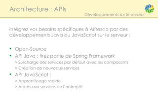 Architecture : APIs
                                       Développements sur le serveur


Intégrez vos besoins spécifiques à Alfresco par des
développements Java ou JavaScript sur le serveur :

• Open-Source
• API Java : tirez partie de Spring Framework
  > Surcharge des services par défaut avec les composants
  > Création de nouveaux services
• API JavaScript :
  > Apprentissage rapide
  > Accès aux services de l’entrepôt
 