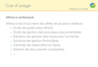 Cas d’usage
                                              Editeurs et OEM


Alfresco embarqué

Alfresco est inclus dans les offres de plusieurs éditeurs
    o Outils de publication (PAO)
    o Outils de gestion des processus documentaires
    o Solutions de gestion des ressources humaines
    o Solutions de gestion financières
    o Centrale de réservation en ligne
    o Gestion de documents composites
    o …
 