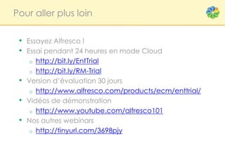 Pour aller plus loin

 • Essayez Alfresco !
 • Essai pendant 24 heures en mode Cloud
     o  http://bit.ly/EntTrial
      o http://bit.ly/RM-Trial
 •   Version d’évaluation 30 jours
      o http://www.alfresco.com/products/ecm/enttrial/
 •   Vidéos de démonstration
      o http://www.youtube.com/alfresco101
 •   Nos autres webinars
      o http://tinyurl.com/3698pjy
 