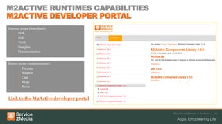 M2ACTIVE RUNTIMES CAPABILITIES
M2ACTIVE DEVELOPER PORTAL
Current scope (download):
   • SDK
   • IDE
   • Tools
   • Samples
   • Documentation


Future scope (communicate):
     • Forums
     • Support
     • Chat
     • Blogs
     • News


Link to the M2Active developer portal


                                        M2Active Architecture & Runtimes /   29
 