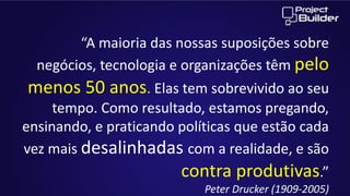 “A maioria das nossas suposições sobre
negócios, tecnologia e organizações têm pelo
menos 50 anos. Elas tem sobrevivido ao seu
tempo. Como resultado, estamos pregando,
ensinando, e praticando políticas que estão cada
vez mais desalinhadas com a realidade, e são
contra produtivas.”
Peter Drucker (1909-2005)

 