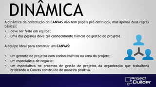 DINÂMICA
A dinâmica de construção do CANVAS não tem papéis pré-definidos, mas apenas duas regras
básicas:
• deve ser feito em equipe;
• uma das pessoas deve ter conhecimento básicos de gestão de projetos.
A equipe ideal para construir um CANVAS:
•
•
•

um gerente de projetos com conhecimentos na área do projeto;
um especialista de negócio;
um especialista no processo de gestão de projetos da organização que trabalhará
criticando o Canvas construído de maneira positiva.

 