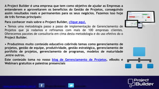 A Project Builder é uma empresa que tem como objetivo de ajudar as Empresas a
entenderem e aproveitarem os benefícios do Gestão de Projetos, conseguindo
assim resultados reais e permanentes para os seus negócios. Fazemos isso hoje
de três formas principais:
Para conhecer mais sobre o Project Builder, clique aqui.
• Temos uma metodologia passo a passo de implementação de Gerenciamento de
Projetos que já rodamos e refinamos com mais de 100 empresas clientes.
Oferecemos pacotes de consultoria em cima desta metodologia e do uso efetivo do o
Project Builder.

• Produzimos muito conteúdo educativo cobrindo temas como gerenciamento de
projetos, gestão de equipe, produtividade, gestão estratégica, gerenciamento de
portfolio de projetos, gerenciamento de programas, modelos de maturidade
,entre outros.
Este conteúdo toma no nosso blog de Gerenciamento de Projetos, eBooks e
Webinars gratuitos e palestras presenciais

www.projectbuilder.com.br

/ProjectBuilderbr

@pbuilder

46

 