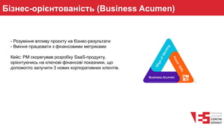 Бізнес-орієнтованість (Business Acumen)
- Розуміння впливу проєкту на бізнес-результати
- Вміння працювати з фінансовими метриками
Кейс: PM скорегував розробку SaaS-продукту,
орієнтуючись на ключові фінансові показники, що
допомогло залучити 3 нових корпоративних клієнтів.
 
