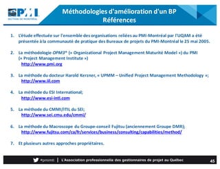 Méthodologies	d'amélioration	d'un	BP
Références
1. L’étude	effectuée	sur	l'ensemble	des	organisations	reliées	au	PMI-Montr...