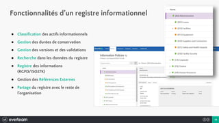 19
Fonctionnalités d’un registre informationnel
● Classification des actifs informationnels
● Gestion des durées de conservation
● Gestion des versions et des validations
● Recherche dans les données du registre
● Registre des informations
(RGPD/ISO27K)
● Gestion des Références Externes
● Partage du registre avec le reste de
l’organisation
 