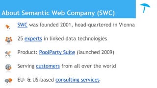 About Semantic Web Company (SWC)
SWC was founded 2001, head-quartered in Vienna
25 experts in linked data technologies
Product: PoolParty Suite (launched 2009)
Serving customers from all over the world
EU- & US-based consulting services
 