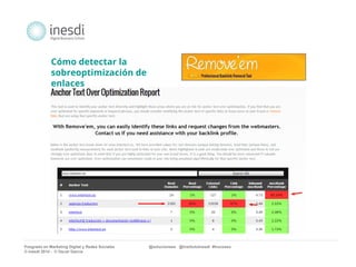 Cómo detectar la 
sobreoptimización de 
enlaces 
Posgrado en Marketing Digital y Redes Sociales @solucionseo @institutoInesdi #trucoseo 
© inesdi 2014 - © Oscar García 
 