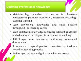 Updating Professional Knowledge
• Maintain high standard of practice in classroom
management, planning monitoring, assessment reporting-
teaching learning
• Keep professional knowledge and skills updated
throughout the teaching career
• Keep updated in knowledge regarding relevant guidelines
and educational developments in relation to teaching
• Reflect upon your practice as continuing professional
development
• Be open and respond positive to constructive feedback
regarding teaching practice
• Seek support, advice and guidance when necessary
 