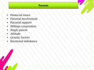 Parents
• Financial issues
• Parental involvement
• Parental support
• Siblings cooperation
• Single parent
• Attitude
• Genetic factors
• Emotional imbalance
 