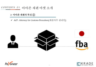 - 10 -
C O N T E N T S 0 1 아마존 재팬 마켓 소개
 ACP : Attorney for Customs Procedure(세관사무 관리인)
 아마존 재팬의 특징 ②
 