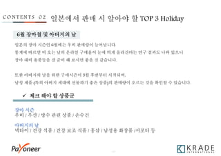- 17 -
일본의 장마 시즌인 6월에는 우비 판매량이 늘어납니다.
통계에 따르면 비 오는 날의 온라인 구매율이 눈에 띄게 올라간다는 연구 결과도 나와 있으니
장마 대비 용품들을 잘 준비 해 보시면 좋을 것 같습니다.
또한 아버지의 날을 위한 구매시즌이 5월 후반부터 시작되며,
남성 제품 (특히 아버지 세대에 선물하기 좋은 상품)의 판매량이 오르는 것을 확인할 수 있습니다.
C O N T E N T S 0 2
장마 시즌
우비 / 우산 / 방수 관련 상품 / 손수건
아버지의 날
넥타이 / 건강 식품 / 건강 보조 식품 / 홍삼 / 남성용 화장품 /서포터 등
일본에서 판매 시 알아야 할 TOP 3 Holiday
6월 장마철 및 아버지의 날
 체크 해야 할 상품군
 