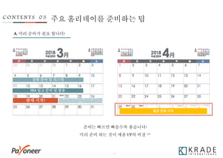 - 22 -
C O N T E N T S 0 3
황금 연휴 시작
FBA 입고 준비 및 발송
CPC키워드 재 수정 하
기!
판매 시작!
A. 미리 준비가 필요 합니다!
상품 준비 및 리스팅
주요 홀리데이를 준비하는 팁
준비는 빠르면 빠를수록 좋습니다!
미리 준비 하는 것이 매출 UP의 비결 ^^
 