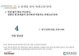 - 39 -
아동 장난감
4
C O N T E N T S 0 4 3. 관세율 상이 카테고리 안내
 인증 없이 취급 가능하나,
상품군 별 관세율이 상이하게 적용되는 카테고리 안내
* 아동 장난감 상품의 경우 상품군별로 세율이 상이하며 소재별로 취급 불가능한 상품이 있을 수 있기 때문에,
FBA 입고 전 충분한 상품 정보(성분표)가 제공되어야 하며 사전 조사 필요
* 아동 장난감 중, 6세 이하 완구류의 경우 일본 국내 별도 인증필요
 완구 (인형 포함) : 면세~3.9%
 