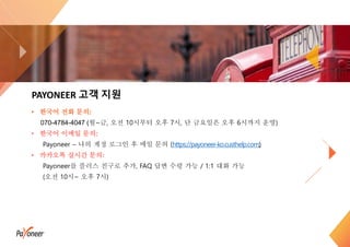 PAYONEER 고객 지원
• 한국어 전화 문의:
070-4784-4047 (월~금, 오전 10시부터 오후 7시, 단 금요일은 오후 6시까지 운영)
• 한국어 이메일 문의:
Payoneer – 나의 계정 로그인 후 메일 문의 (https://payoneer-ko.custhelp.com)
• 카카오톡 실시간 문의:
Payoneer를 플러스 친구로 추가, FAQ 답변 수령 가능 / 1:1 대화 가능
(오전 10시~ 오후 7시)
 