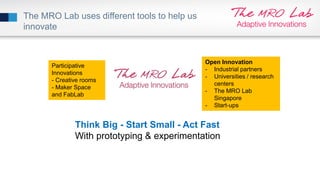 Think Big - Start Small - Act Fast
With prototyping & experimentation
Participative
Innovations
- Creative rooms
- Maker Space
and FabLab
Open Innovation
- Industrial partners
- Universities / research
centers
- The MRO Lab
Singapore
- Start-ups
The MRO Lab uses different tools to help us
innovate
 