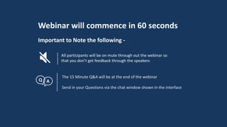 Webinar will commence in 60 seconds
Important to Note the following -
All participants will be on mute through out the webinar so
that you don’t get feedback through the speakers
The 15 Minute Q&A will be at the end of the webinar
Send in your Questions via the chat window shown in the interface
 