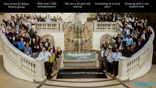 We are a 20 year old
startup
With over 1700
entrepreneurs
Innovating at a crazy
pace
Growing with a +ve
bottom-line
Part of the $1 Billion
Ramco group
 