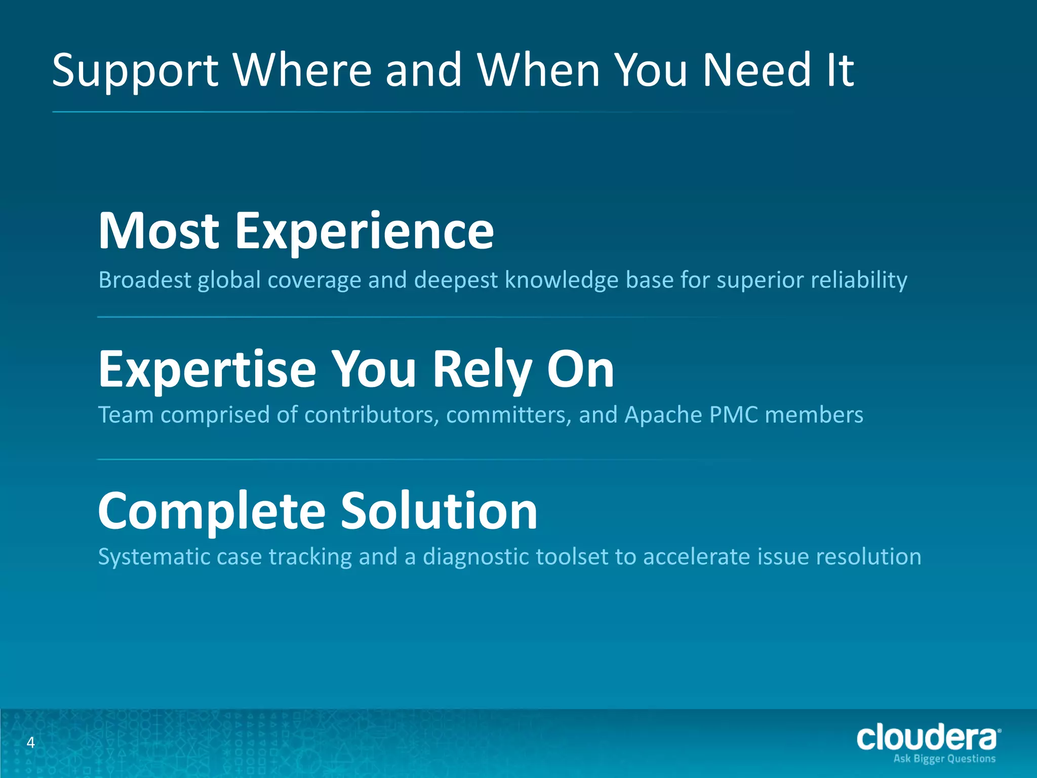 Support Where and When You Need It
4
Broadest global coverage and deepest knowledge base for superior reliability
Most Experience
Team comprised of contributors, committers, and Apache PMC members
Expertise You Rely On
Systematic case tracking and a diagnostic toolset to accelerate issue resolution
Complete Solution
 