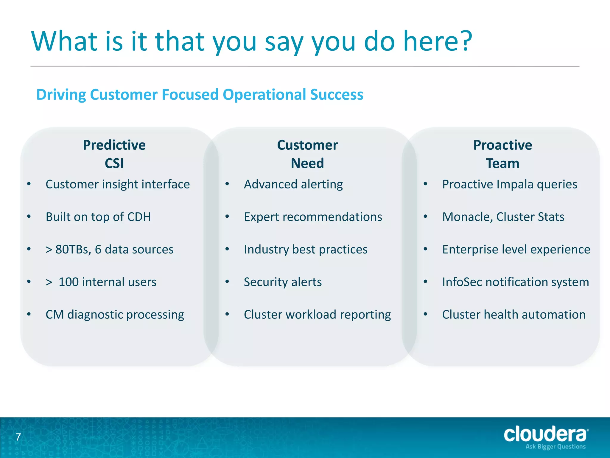 Driving Customer Focused Operational Success
7
What is it that you say you do here?
• Customer insight interface
• Built on top of CDH
• > 80TBs, 6 data sources
• > 100 internal users
• CM diagnostic processing
Predictive
CSI
• Advanced alerting
• Expert recommendations
• Industry best practices
• Security alerts
• Cluster workload reporting
Customer
Need
• Proactive Impala queries
• Monacle, Cluster Stats
• Enterprise level experience
• InfoSec notification system
• Cluster health automation
Proactive
Team
 