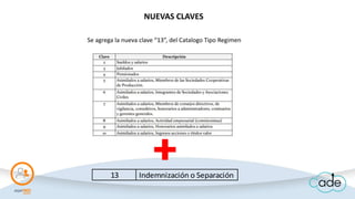 Se agrega la nueva clave “13”, del Catalogo Tipo Regimen
13 Indemnización o Separación
NUEVAS CLAVES
 