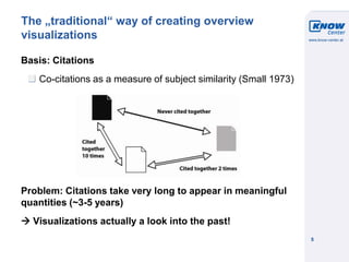 © Know-Center 2011
5
The „traditional“ way of creating overview
visualizations
Basis: Citations
Co-citations as a measure of subject similarity (Small 1973)
Problem: Citations take very long to appear in meaningful
quantities (~3-5 years)
 Visualizations actually a look into the past!
 