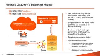 © 2014 Progress Software Corporation. All rights reserved.42
Progress DataDirect’s Support for Hadoop
Two data connectivity options:
through the DataDirect Cloud
service or directly with DataDirect
Connect
Single data driver that works on all
platforms and connects to all
flavors of Hadoop
Designed for bulk load, high
performance and throughput,
scalability, and reliability
Easy to implement and deploy
Competitive advantages:
Bypasses need for Thrift client libraries
(which have to be built, compiled, and
managed for each platform)
Bypasses need for additional services
libraries which could slow performance
 