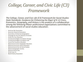 College, Career, and Civic Life (C3)
Framework
The College, Career, and Civic Life (C3) Framework for Social Studies
State Standards: Guidance for Enhancing the Rigor of K-12 Civics,
Economics, Geography, and History is the product of a collaboration
among the following fifteen professional organizations committed to
the advancement of social studies education:
• American Bar Association
• American Historical Association
• Association of American Geographers
• Campaign for the Civic Mission of Schools
• Center for Civic Education
• Constitutional Rights Foundation Chicago
• Constitutional Rights Foundation USA
• Council for Economic Education
• National Council for Geographic Education
• National Council for History Education
• National Council for the Social Studies
• National Geographic Society
• National History Day
• Street Law, Inc.
• World History Association
 